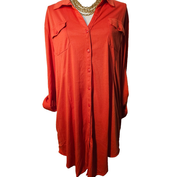 NWT White Mark Womens Orange Plus 1Xl Shirt Dress Pockets Button Up Lightweight - Picture 1 of 6